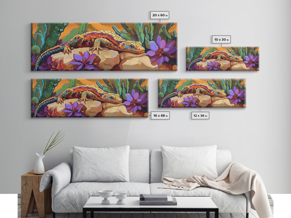Vibrant Lizard Art, Desert Gecko Painting, Succulent Garden Colors, Framed Canvas Print, Eclectic Kitchen Wall Decor, Animal Art