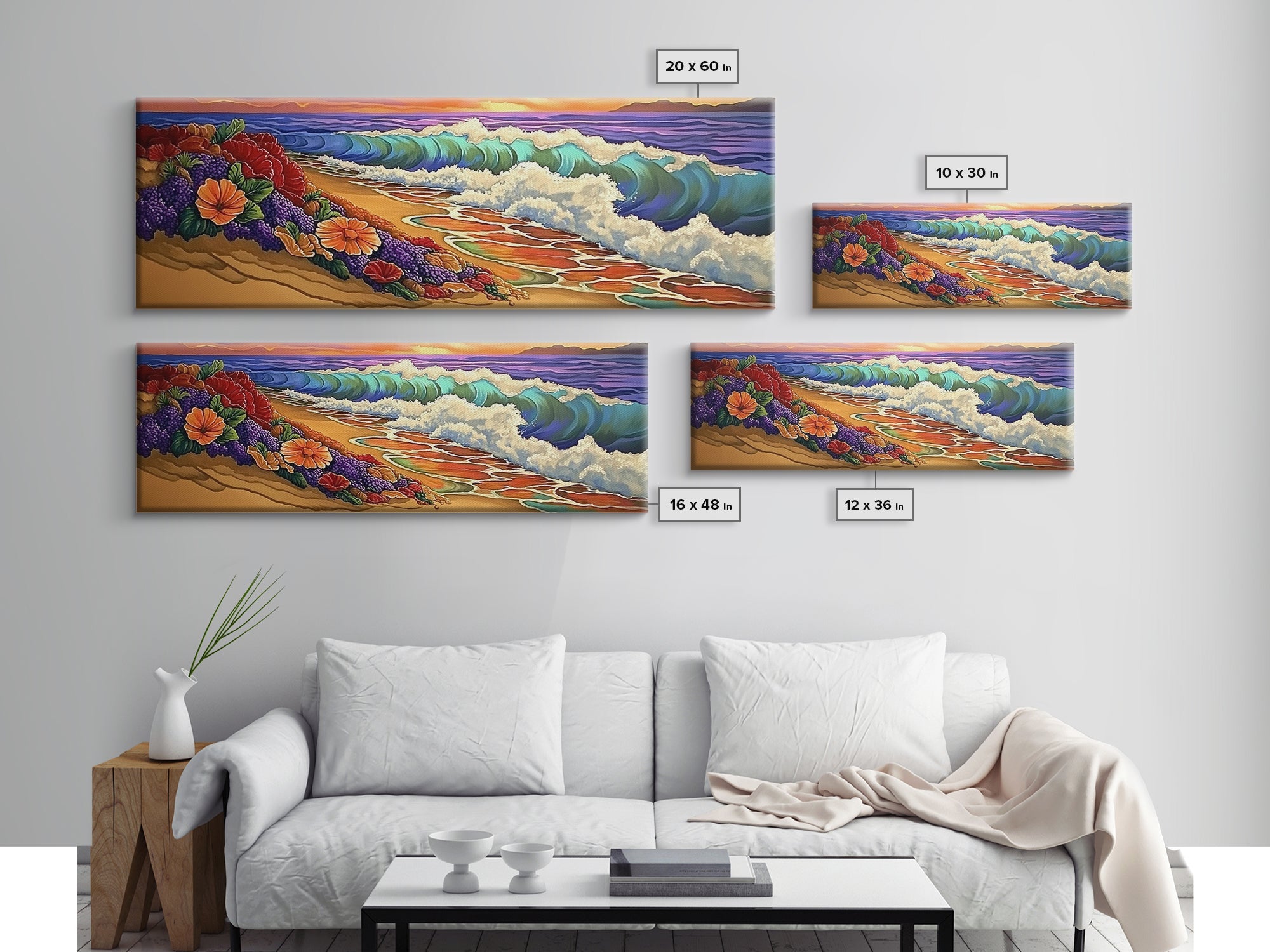 Floral Shoreline, Ocean Bloom, Wave Magic, Framed Canvas Print, Coastal Cottage Wall Art, Colorful Beach Art, Boho Seaside Vibes