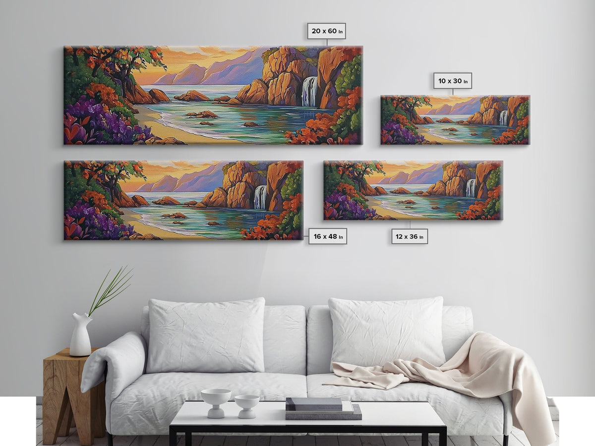 Waterfall Cove, Sunset Seascape, Tropical Paradise, Nature Retreat, Framed Canvas Print, Bathroom Wall Art, Vibrant Coastal Art | | Wiccan Center