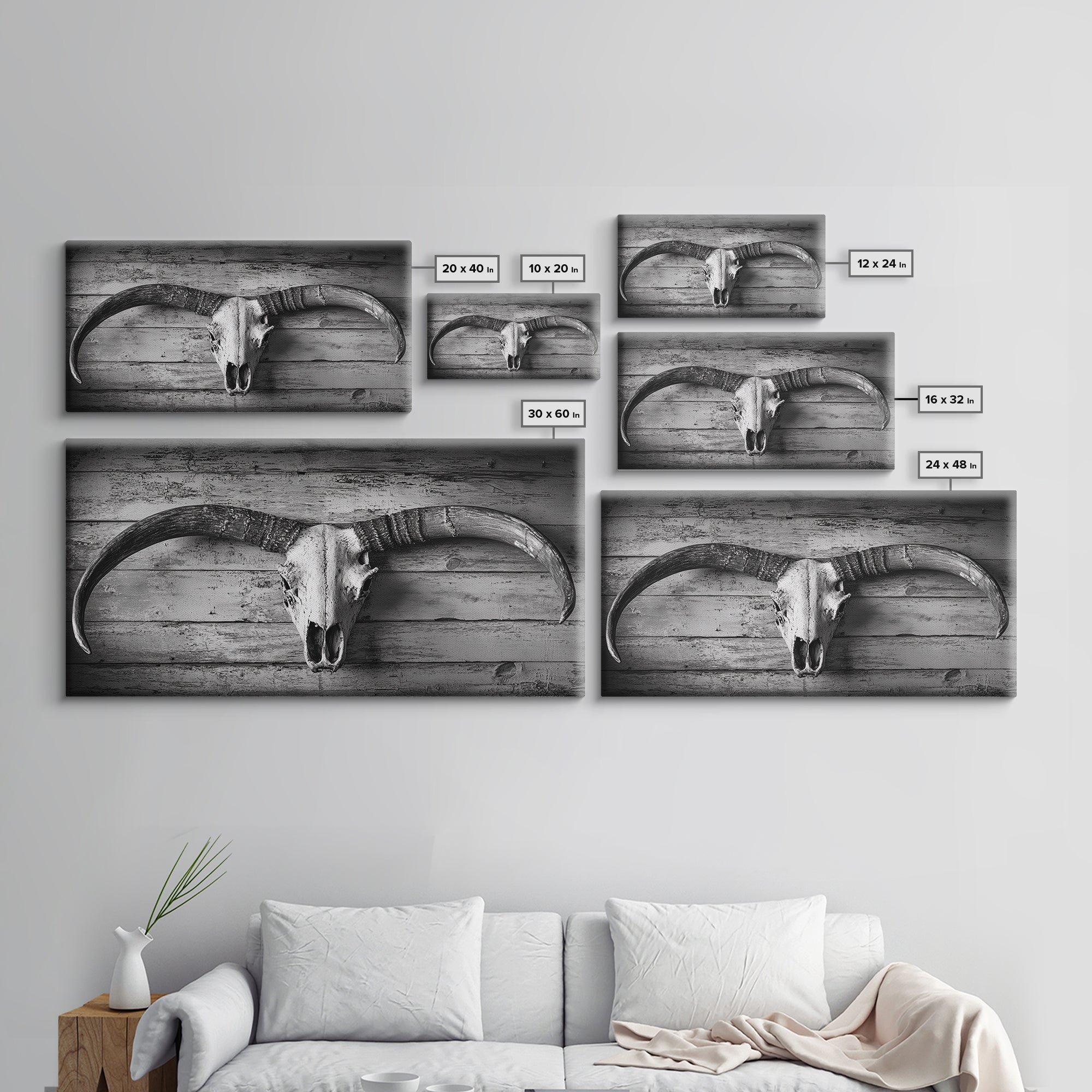Bull Skull, Rustic Horns, Western Cabin Decor, Weathered Wood, Framed Canvas Print, Farmhouse Wall Art, Cowboy Office Decor, Rustic Wall Art | | Wiccan Center