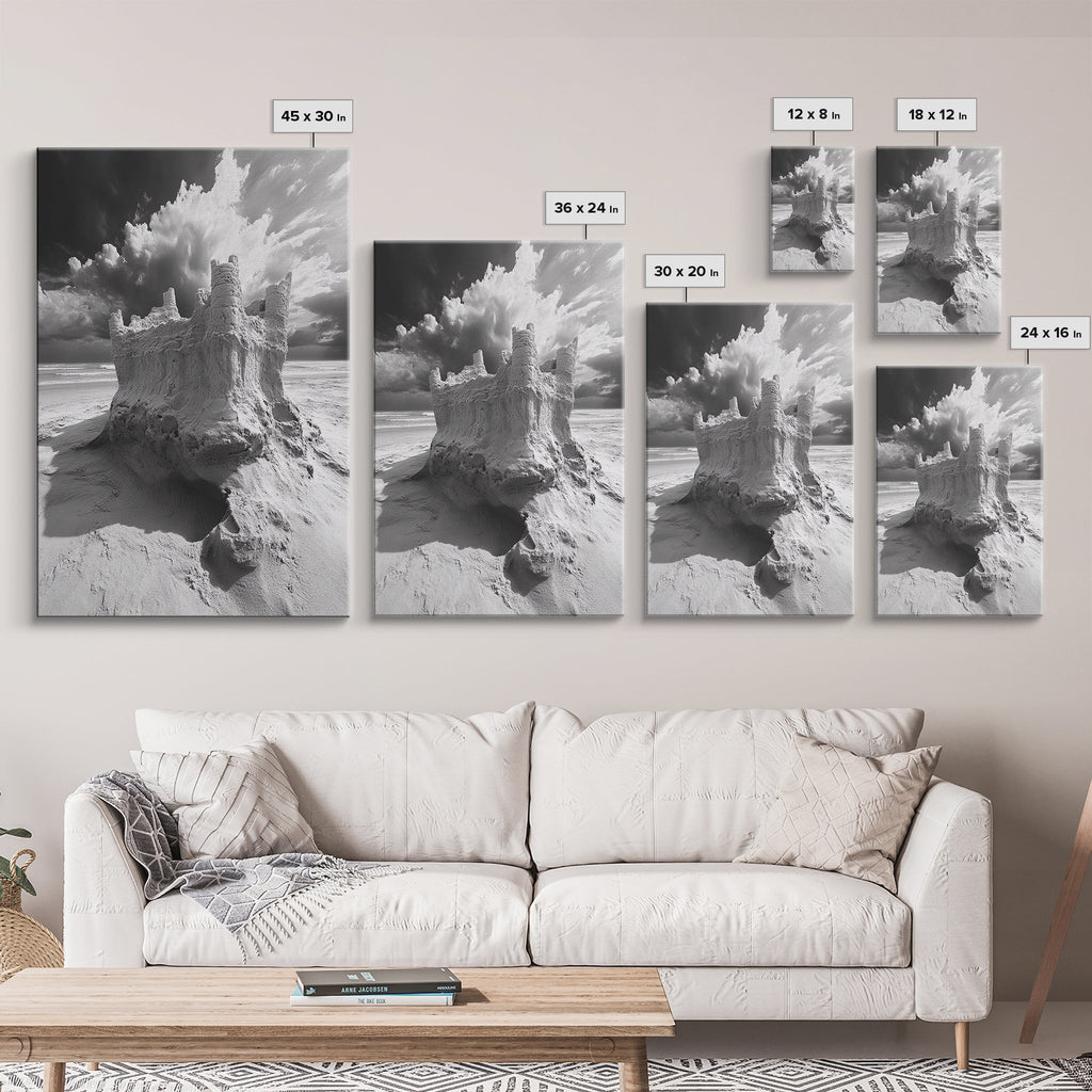 Sand Castle, Beach Fantasy, Dramatic Sky, Coastal Fortress, Framed Canvas Print, whimsical decor, kids room wall art, fairytale beach scene | | Wiccan Center
