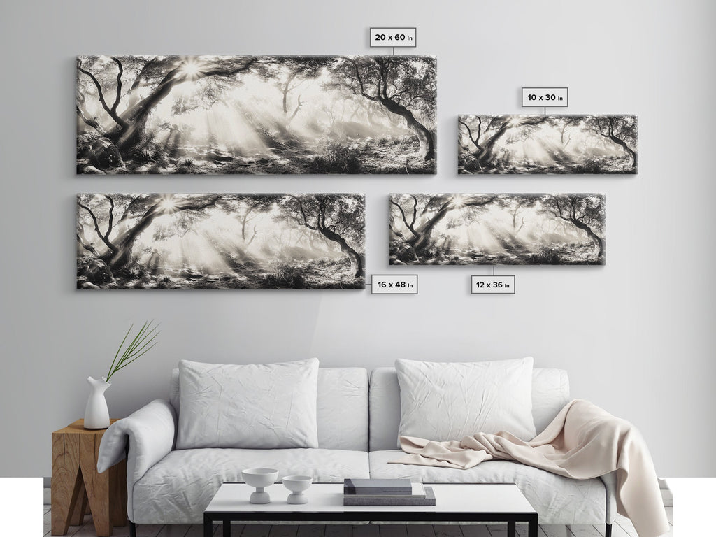 Enchanted Forest, Sunlight Rays, Dreamy Woodland, Framed Canvas Print, boho nature decor, spiritual wall art, bedroom forest scene | | Wiccan Center