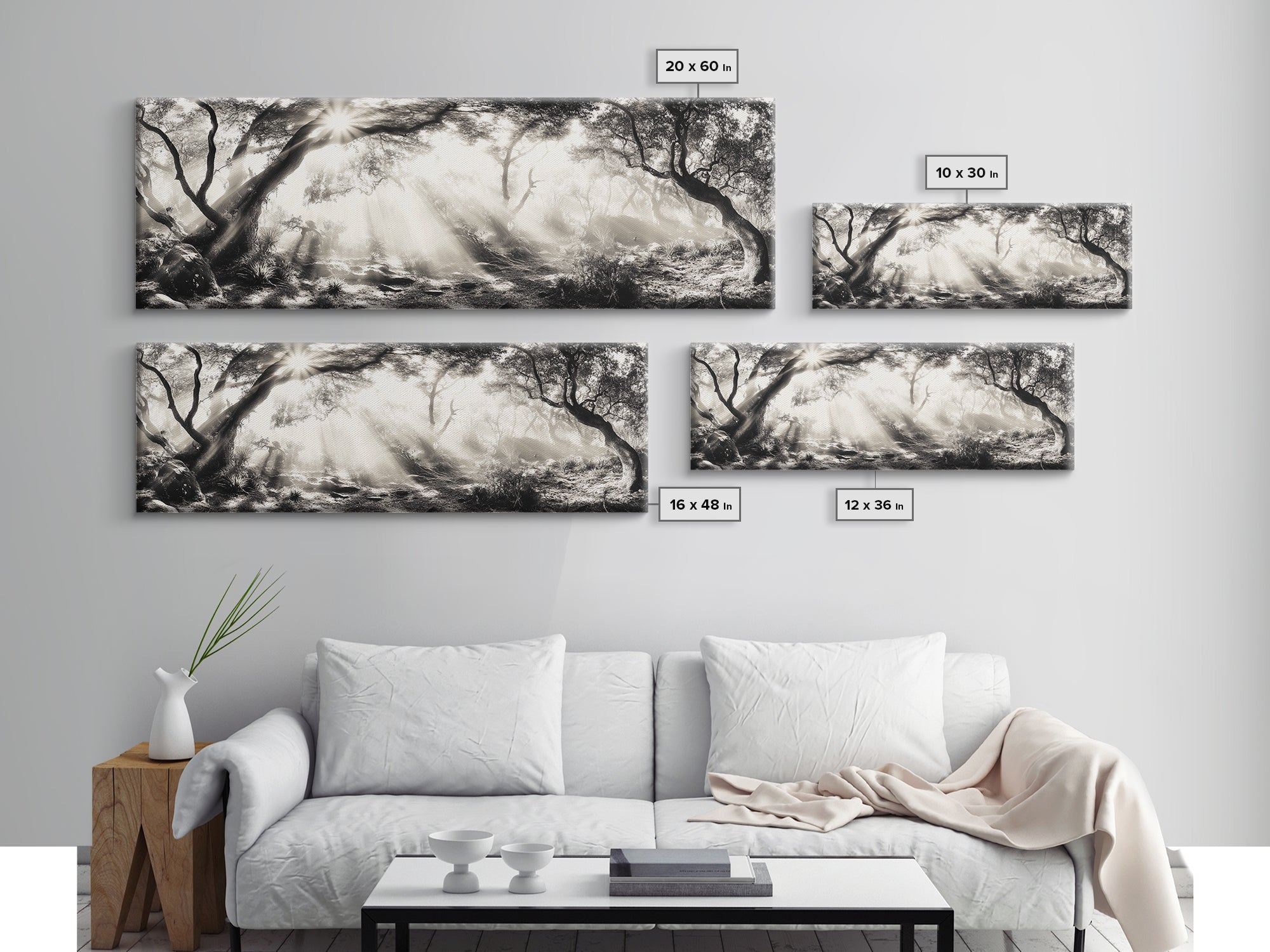 Enchanted Forest, Sunlight Rays, Dreamy Woodland, Framed Canvas Print, boho nature decor, spiritual wall art, bedroom forest scene