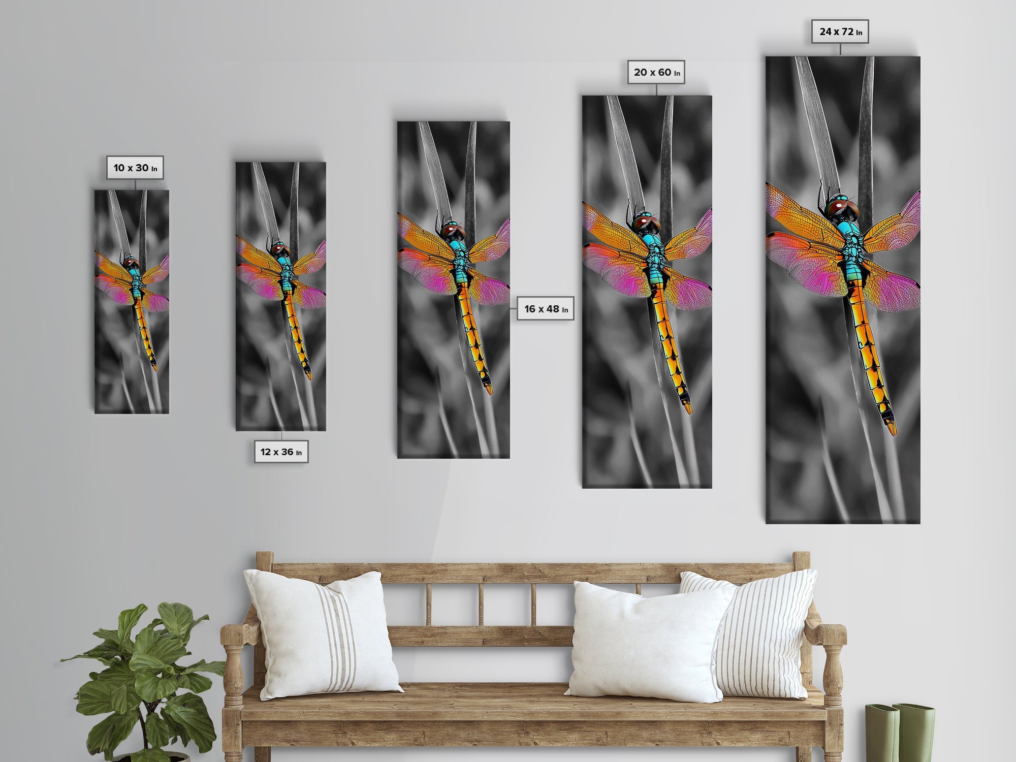 Vibrant Dragonfly, Garden Magic, Wing Detail, Nature Art – Framed Canvas Print, Living Room Wall Art, Botanical Decor, Color Pop Artwork