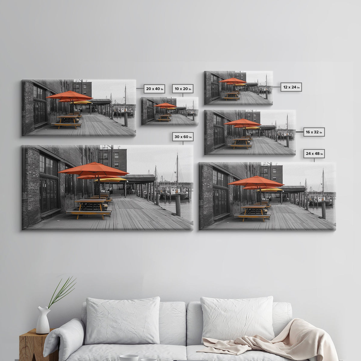 Urban Pier, Red Yellow Umbrellas, Waterfront Dining, Framed Canvas Print, Industrial Decor, Cafe Kitchen Wall Art, Cityscape Photography | | Wiccan Center