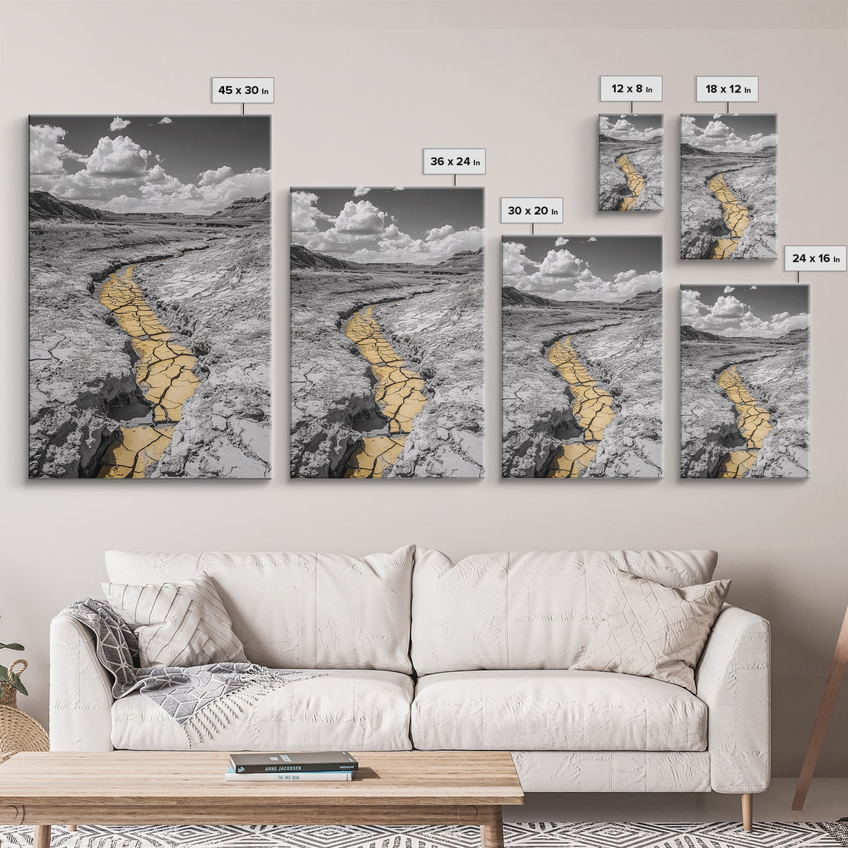 Desert Riverbed, Yellow Crack Trail, Dry Earth Path, Framed Canvas Print, Southwestern Wall Art, Minimalist Nature Decor, Earth Tone Style | | Wiccan Center