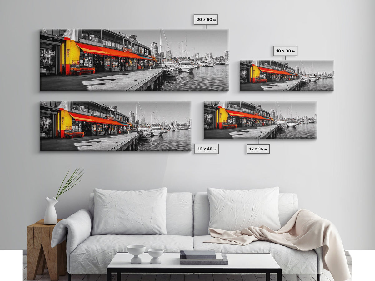 Waterfront Market, Urban Vibes, Boats and Shops, City Harbor — Framed Canvas Print, Kitchen Wall Art, Modern Cityscape, Vibrant Wall Decor | | Wiccan Center