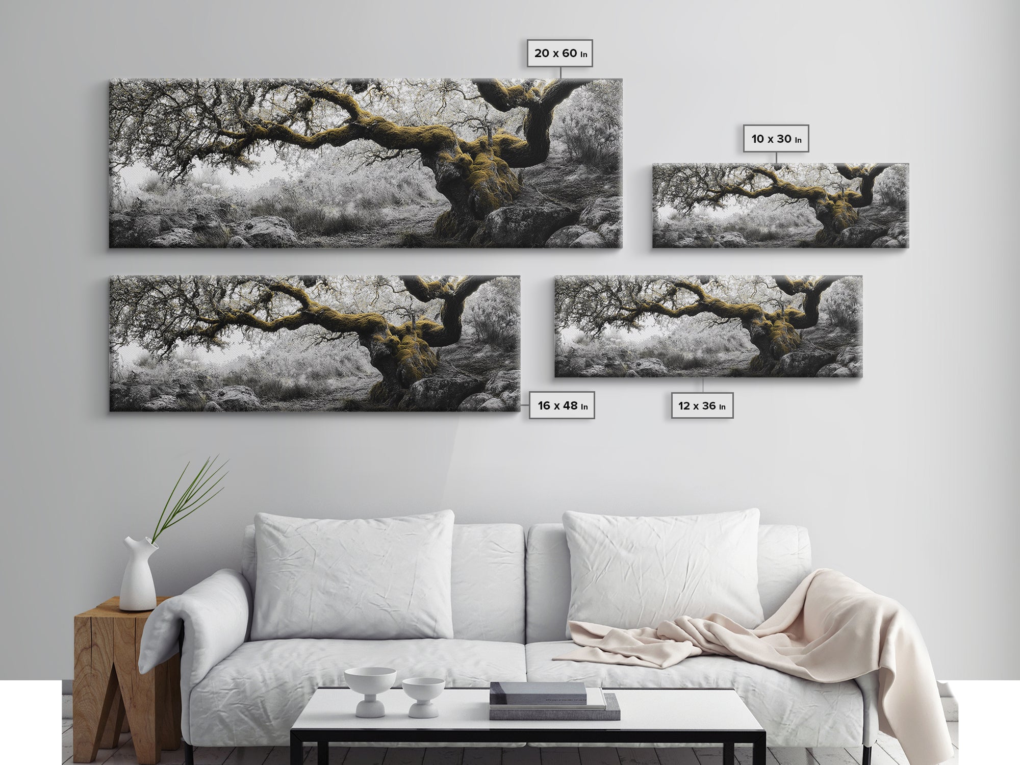 Twisted Oak, Mossy Branches, Forest Giant, Canvas Print, enchanted woodland art, fantasy living room decor, fairytale vibe