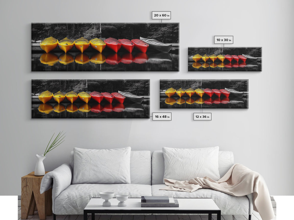 Canoes Docked, Reflection Scene, Kayak Art, Framed Canvas Print, Adventure Wall Art, Boho Water Sports, Cabin Living Room Decor | | Wiccan Center