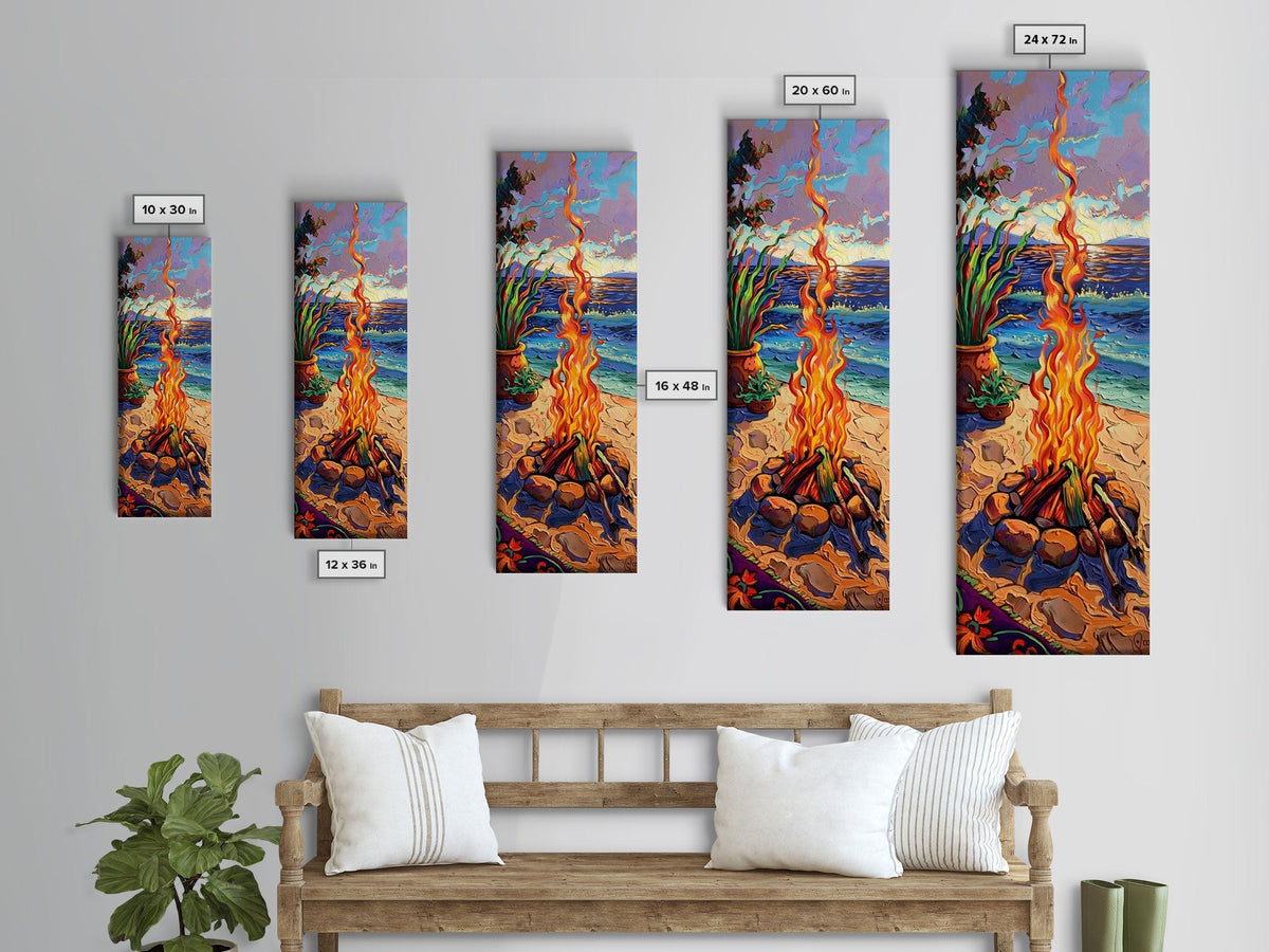 Abstract Canvas Painting of Campfire on Beach, Beachy Wall Art, Tall and Narrow Vertical Wall Art, Canvas Painting Printed and Framed | | Wiccan Center