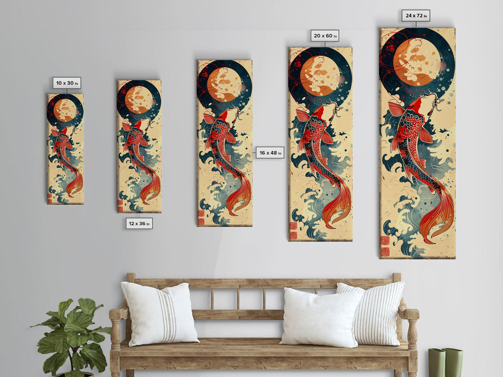 Vibrant Koi Fish Swimming Toward the Moon Skinny Art Ukiyo-e Tall Framed Canvas Print with Japanese Mythology Elements | | Wiccan Center