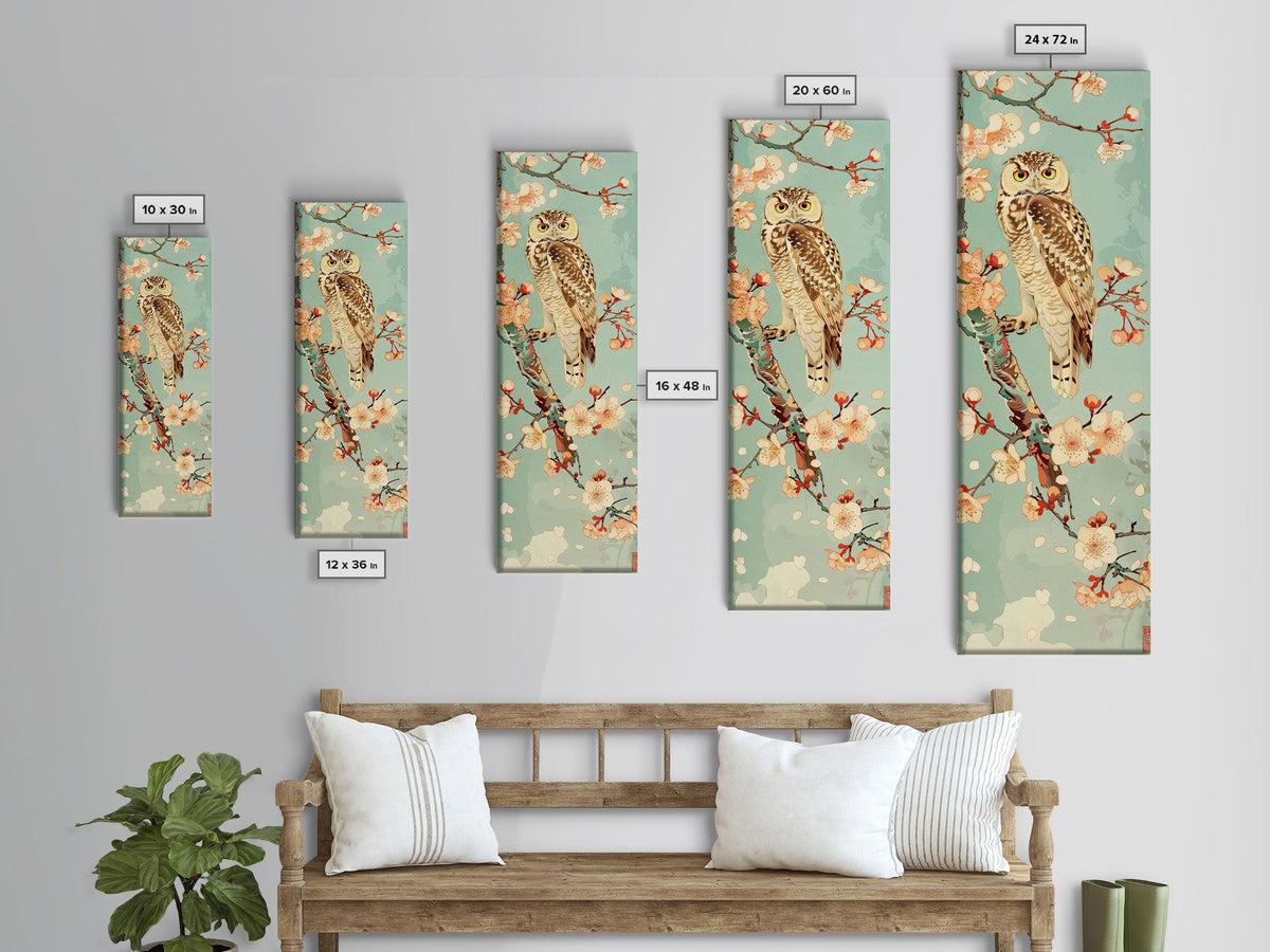 Owl Cherry Blossom Tree Traditional Japanese Tall Wall Art Skinny Framed Canvas Print Ukiyo-e Style