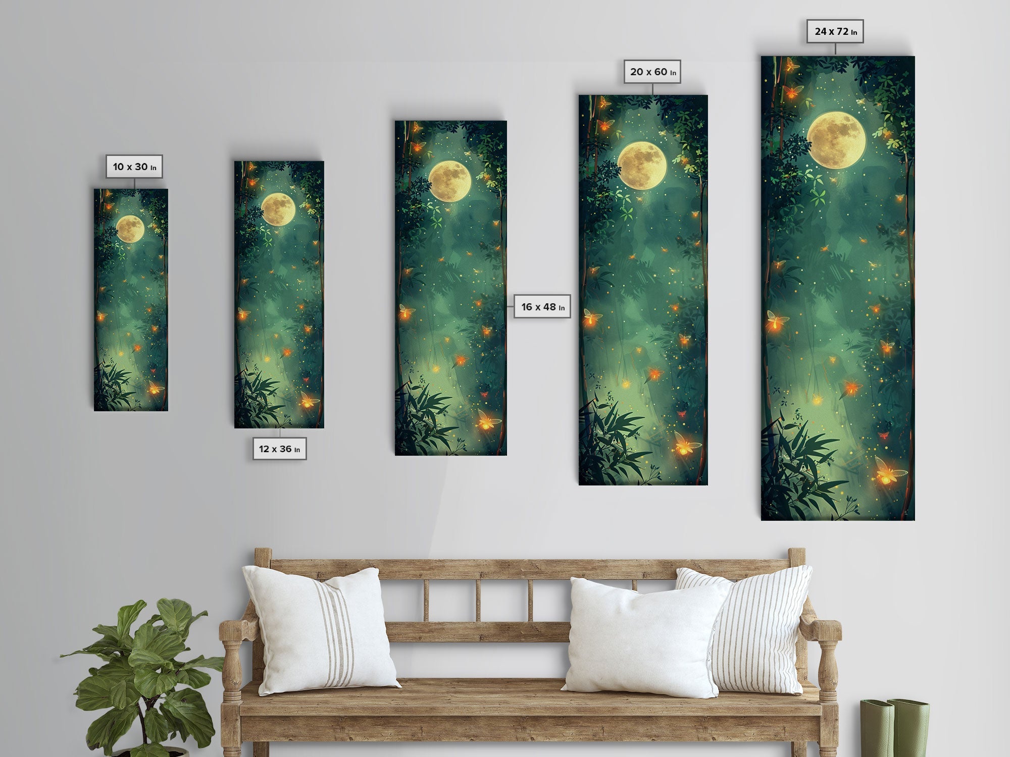 Enchanting Fireflies Illuminating Nighttime Forest Scene Under Full Moon Tall Framed Canvas Print Adding Magical Touch | | Wiccan Center