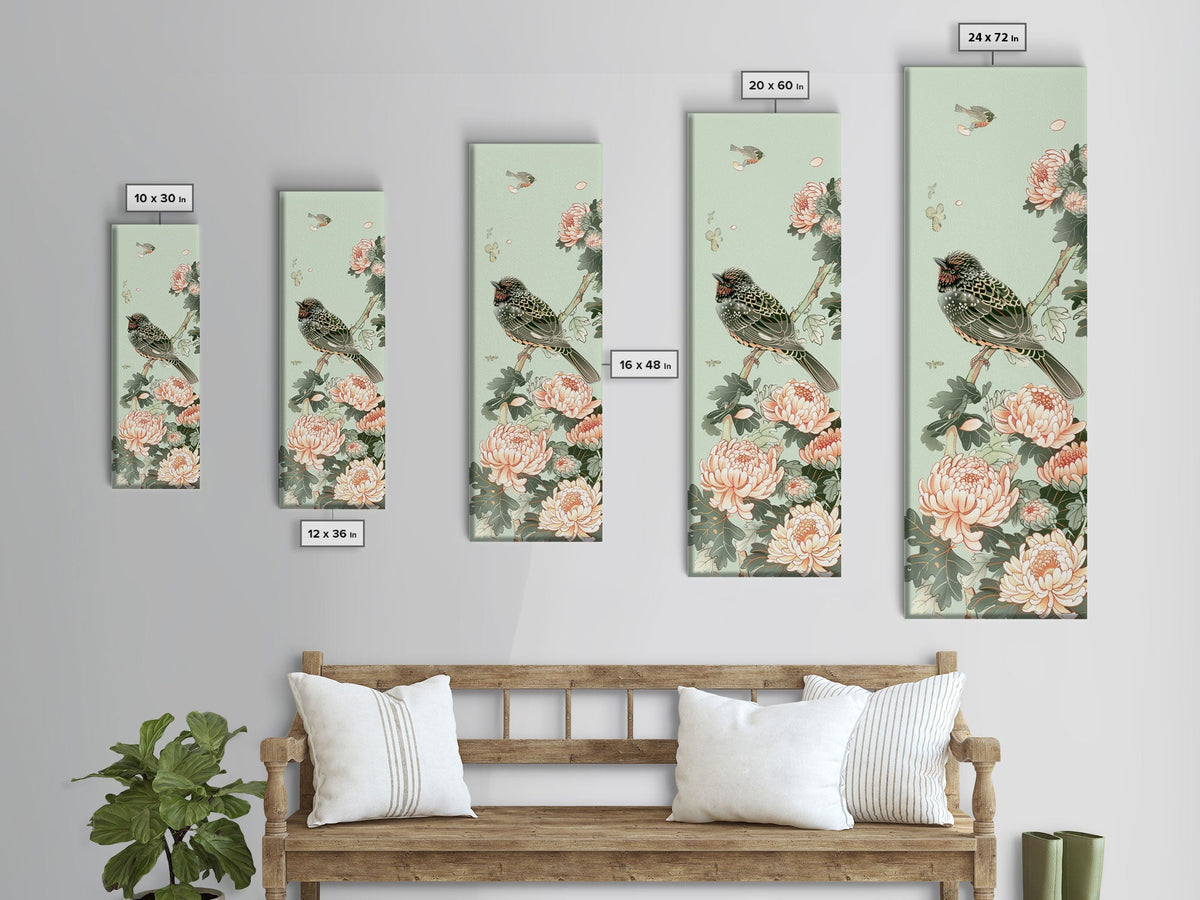 Japanese Style Art, Skinny Art, Tall Art, Birds And Chrysanthemums Wood Block Print Framed Canvas Print Ukiyo-e Art