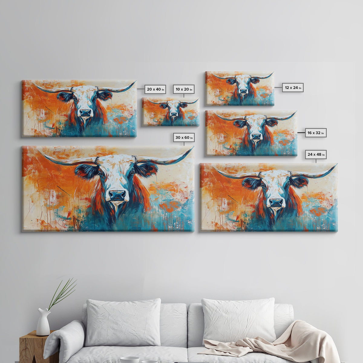 Longhorn Art, Rustic Decor, Farmhouse Art, Vintage Western Art, Southwest Wall Art, Animal Painting, Large Wall Art, Framed Canvas Print