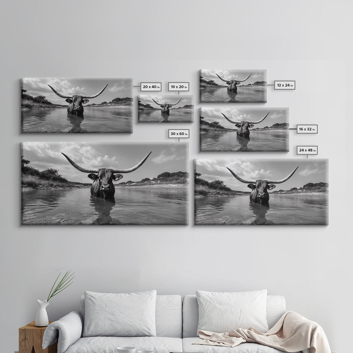 Longhorn in Water, rustic art, western decor, bull and bear art, cowboy wall art, farmhouse art, panoramic art, Framed Canvas Print