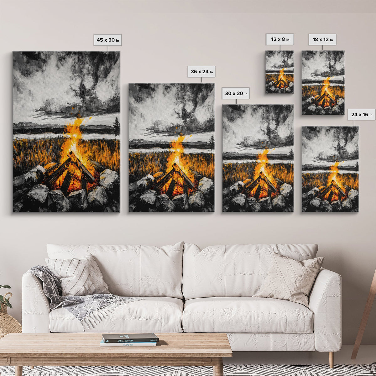 Campfire Painting, Moody Art, Rustic Wall Decor, Fire Pit Artwork, Black White Orange Art, Framed Canvas Print, Cabin Wall Art | | Wiccan Center