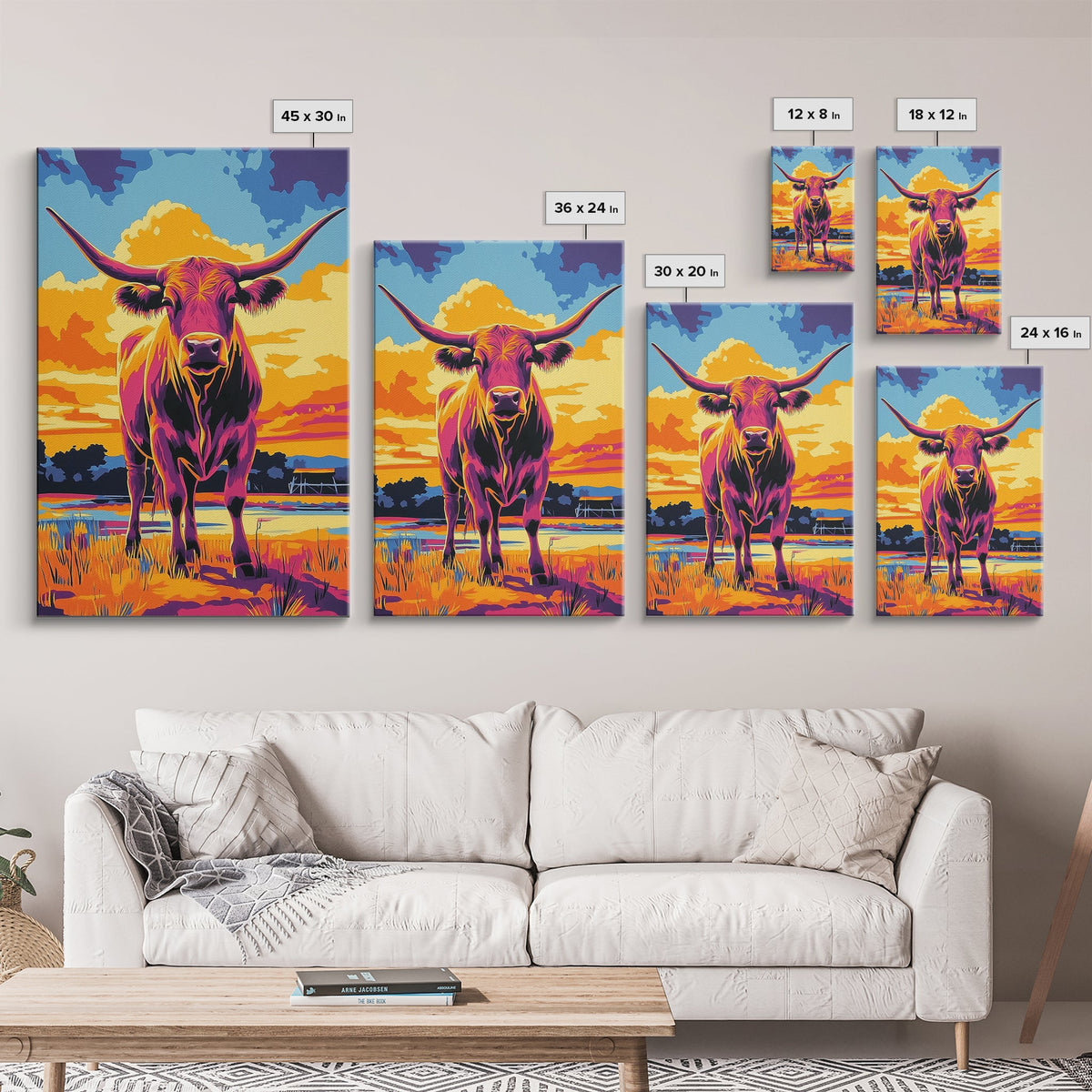 Sunset Longhorn, cowboy art, bull and bear art, southwest wall art, rustic art, pink orange wall art, vintage horse art, Canvas Print
