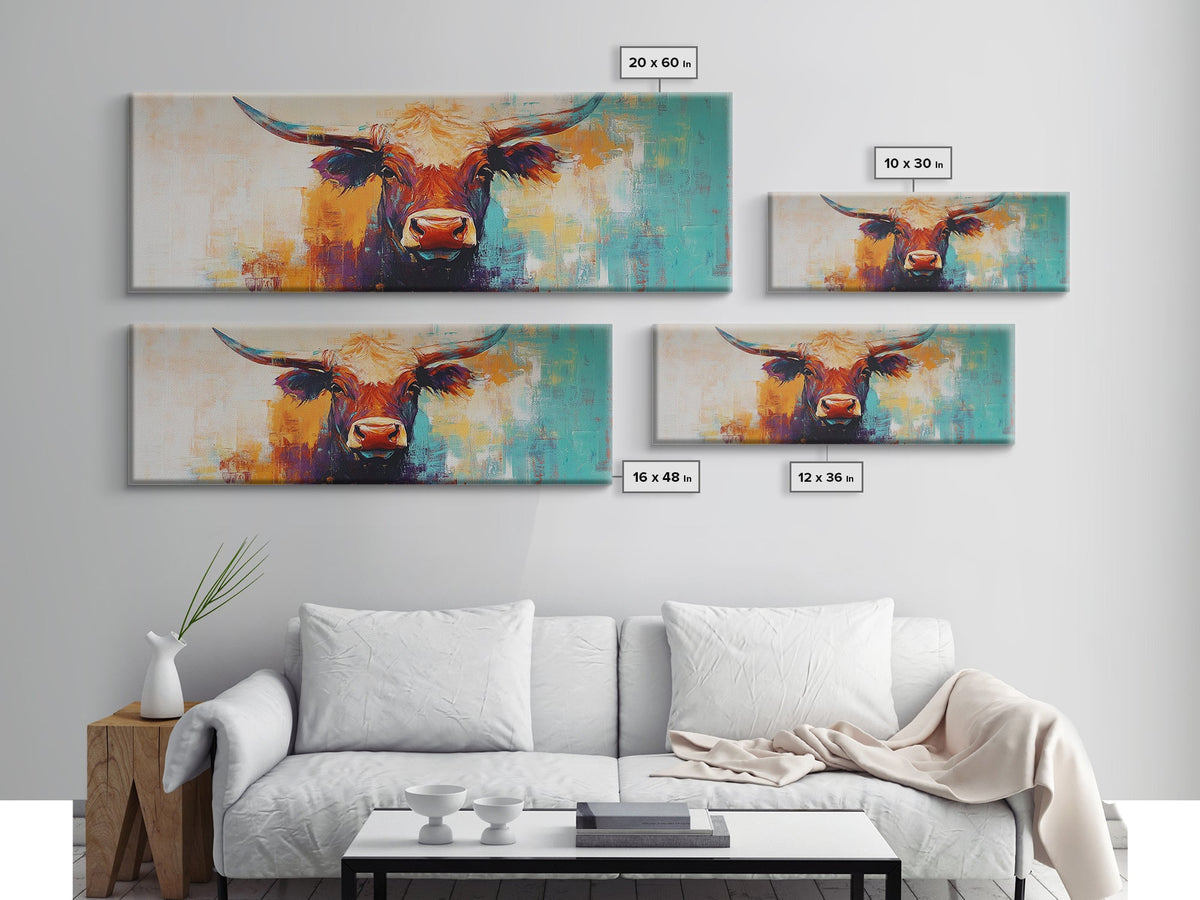 Western Bull, rustic art, vintage cow painting, farm animal wall art, cowboy decor, moody wall art, extra wide canvas print