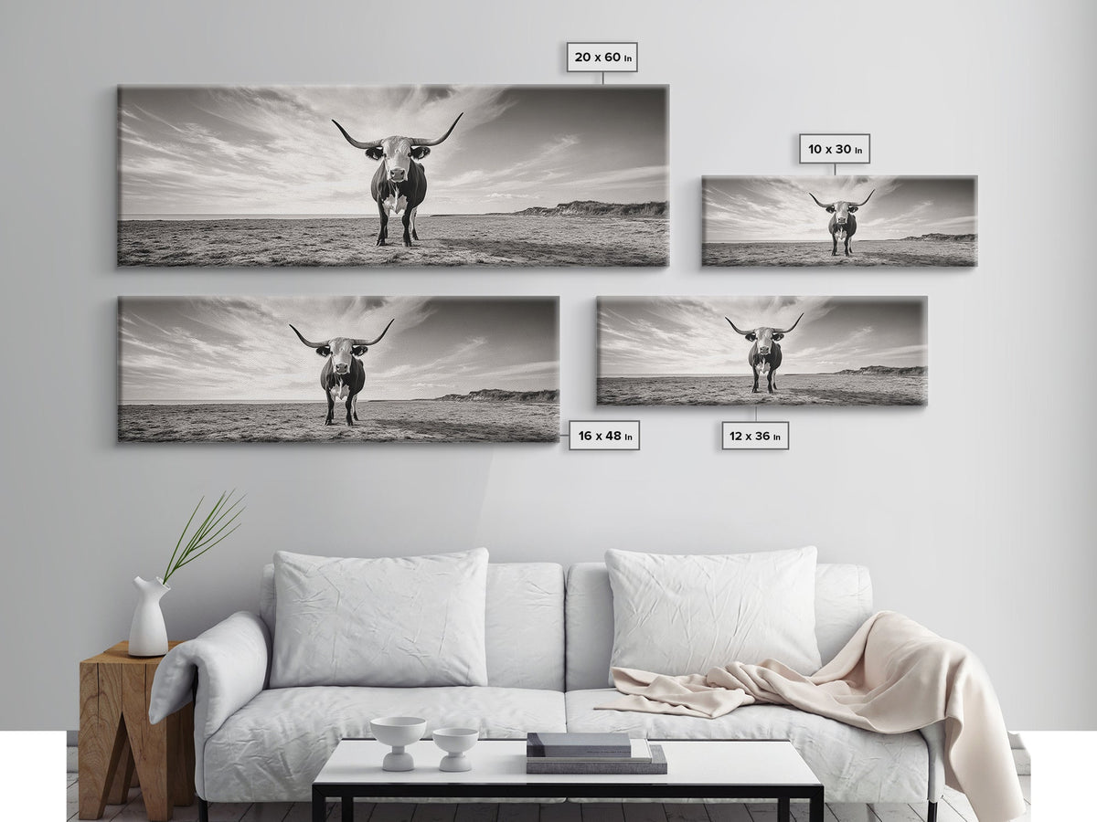 Longhorn, western landscape, bull and bear art, panoramic art, extra wide art, rustic wall art, framed canvas print, farmhouse decor, moody art