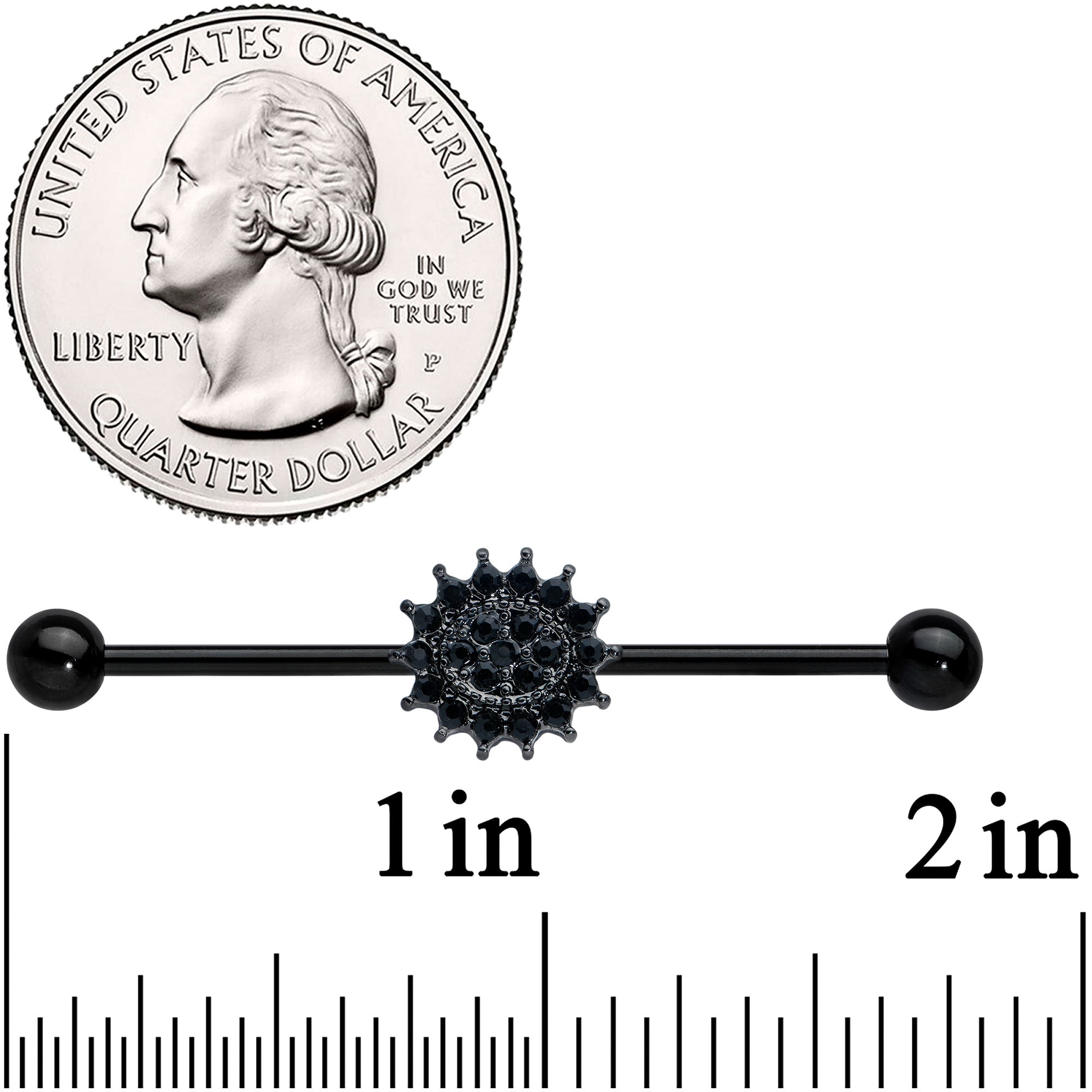14G Black Gem Black Oval Gothic Sunburst Industrial Barbell 38mm | Body Candy | Wiccan Center