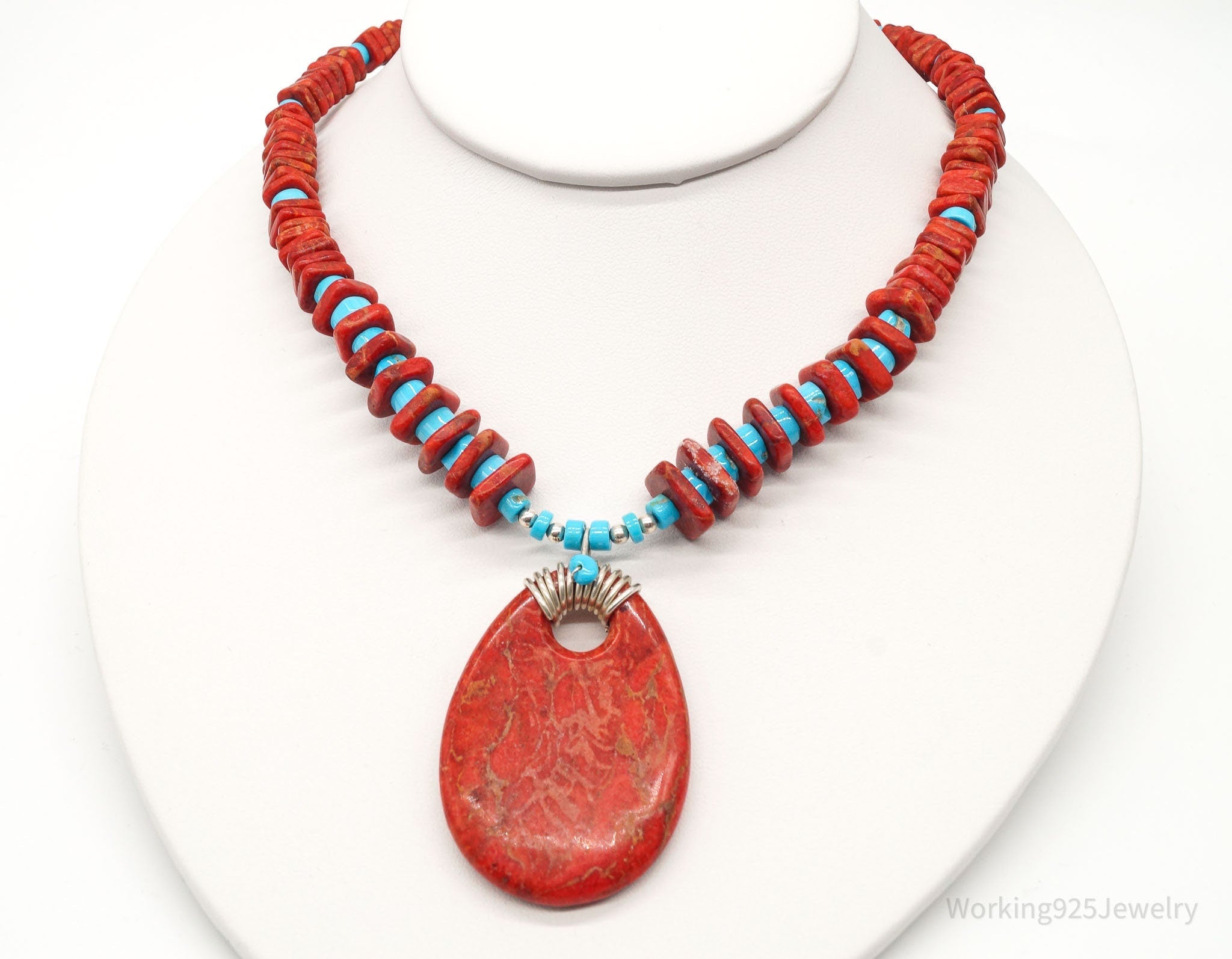 Vintage Native American Running Bear Coral Turquoise Bead SS Necklace | Jewelry > Necklaces | Wiccan Center