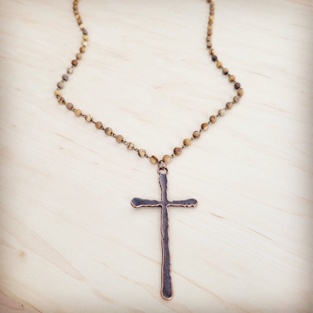 Genuine Picture Jasper Long Beaded Necklace with Antique Copper Cross 262w | Necklace | Wiccan Center
