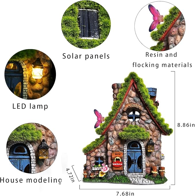 ASAWASA Resin Fairy House Statues with Solar Powered Lights, Funny Garden Sculptures with Flocked and Cobblestone Decor, Exquisite Garden Cottage Figurines | Figurine Lights | Wiccan Center
