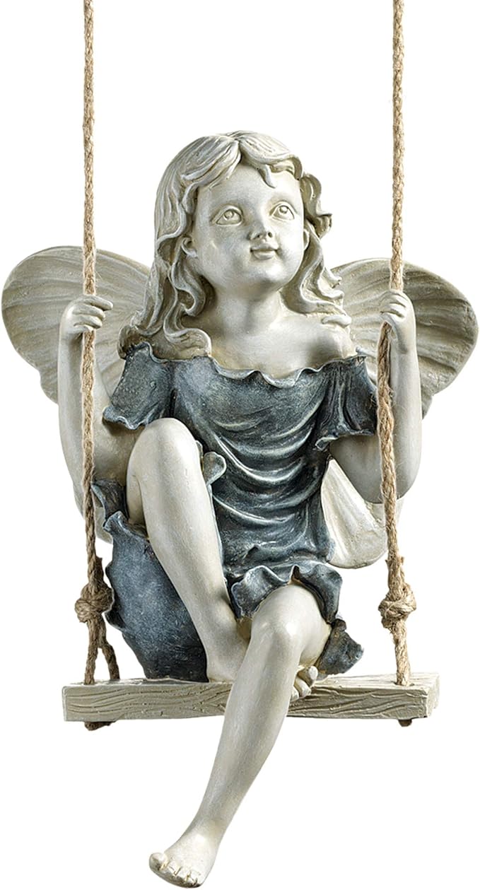 Design Toscano EU42046 Summertime Fairy on a Swing Hanging Statue, 11 Inch, Polyresin, Two Tone Stone | Outdoor Statues | Wiccan Center
