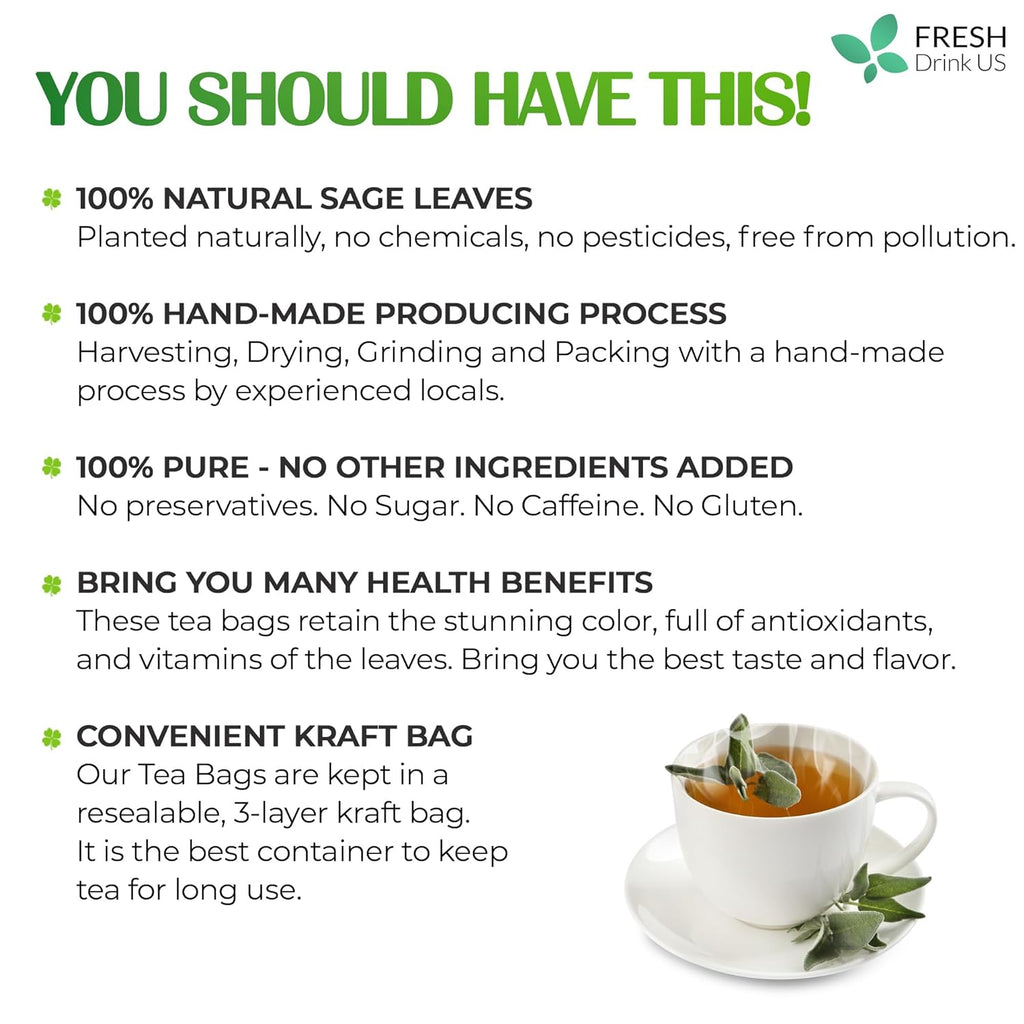 Sage Leaf Tea Bags, 100% Natural & Pure from Sage Leaves. Loose Leaf Sage Herbal Tea. Sage Leaf Tea. Made with Natural Material Tea Bags. No Sugar, No Caffeine, No Gluten, Vegan. | Tea | Wiccan Center