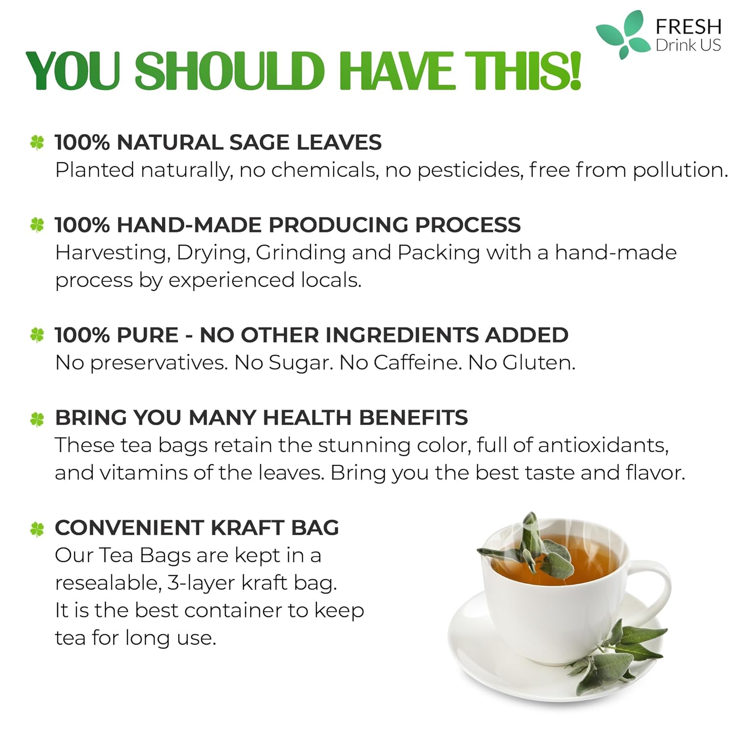Sage Leaf Tea Bags, 100% Natural & Pure from Sage Leaves. Loose Leaf Sage Herbal Tea. Sage Leaf Tea. Made with Natural Material Tea Bags. No Sugar, No Caffeine, No Gluten, Vegan. | Tea | Wiccan Center