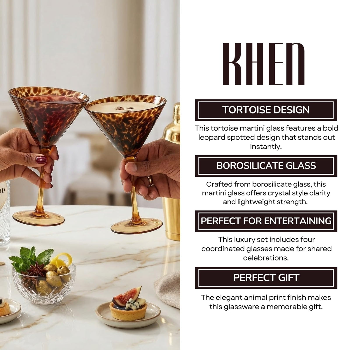 Tortoise Leopard Print Martini 9oz - Set of 4, 7.1" Spotted Borosilicate Cocktail Stem | | Wiccan Center
