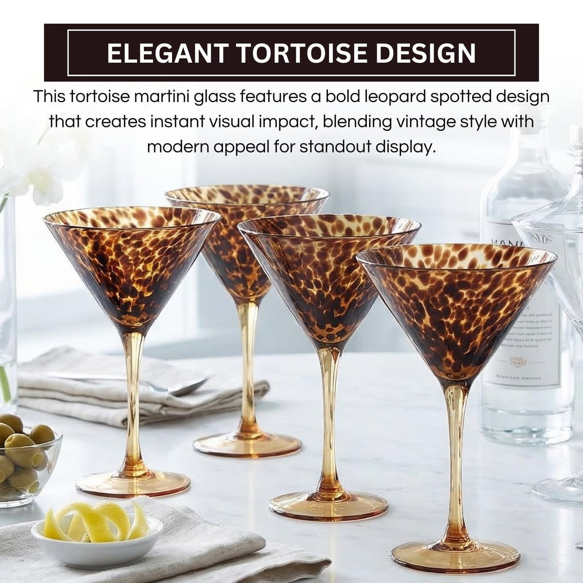 Tortoise Leopard Print Martini 9oz - Set of 4, 7.1" Spotted Borosilicate Cocktail Stem | | Wiccan Center