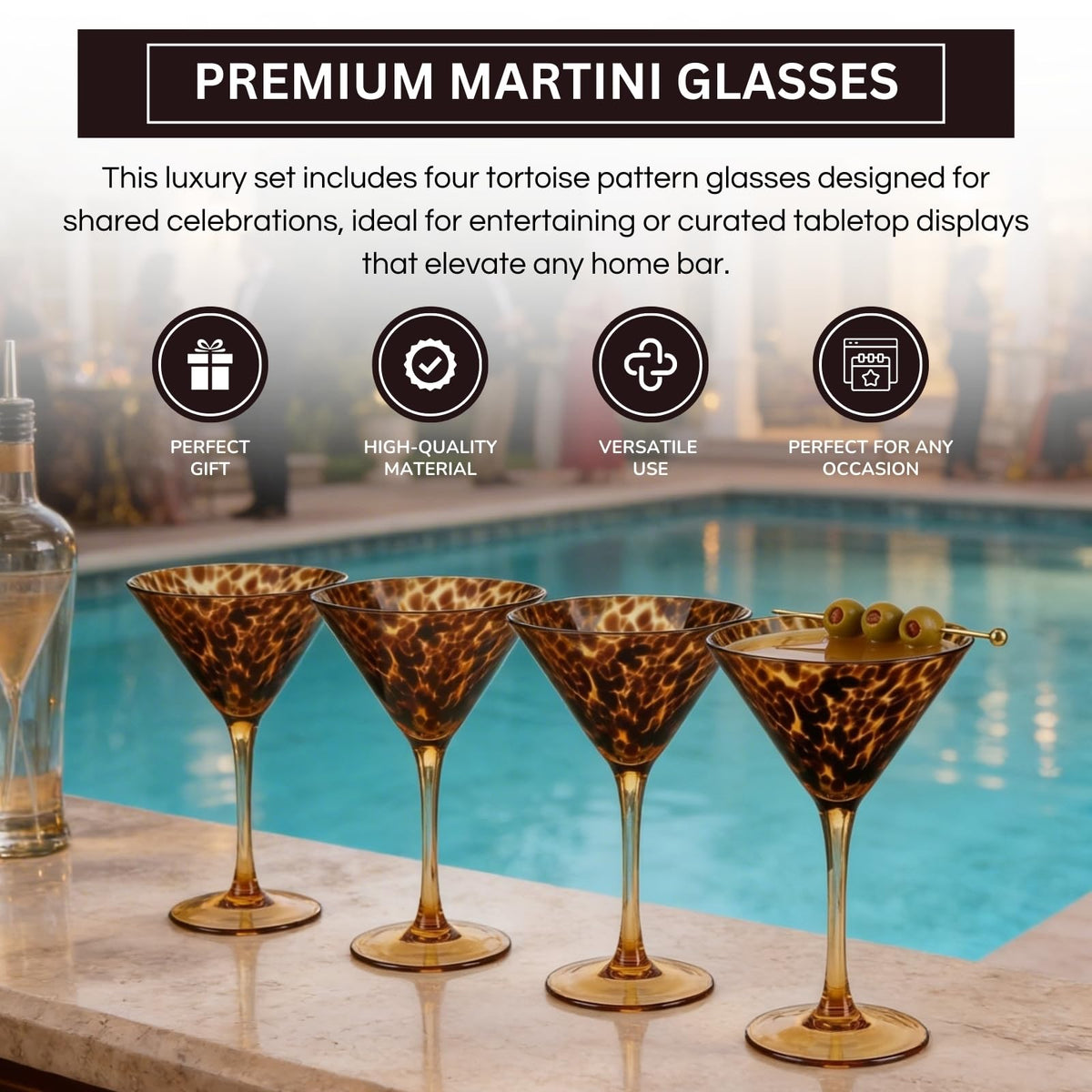 Tortoise Leopard Print Martini 9oz - Set of 4, 7.1" Spotted Borosilicate Cocktail Stem | | Wiccan Center