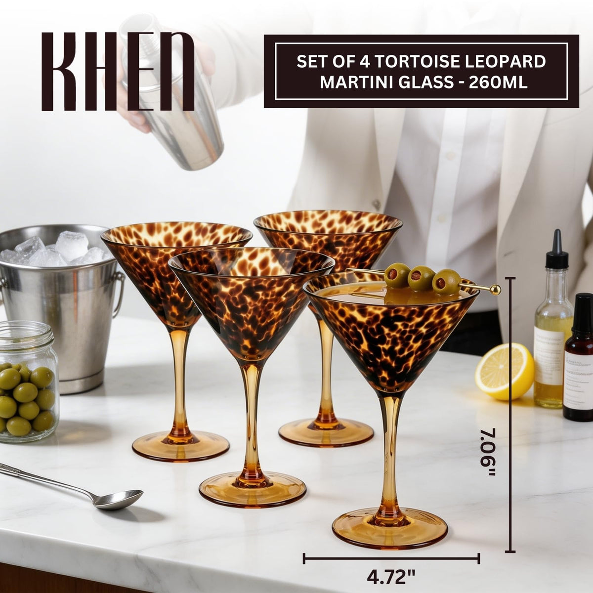 Tortoise Leopard Print Martini 9oz - Set of 4, 7.1" Spotted Borosilicate Cocktail Stem | | Wiccan Center