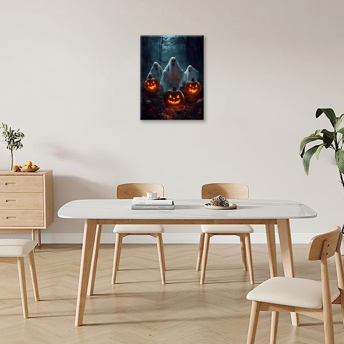 Gothic Halloween Ghost Pumpkin Wall Art Canvas Painting Framed 12x16 | Posters & Prints | Wiccan Center