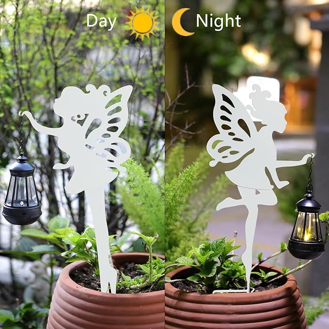 Solar-Garden-Lamp 2 Pack Metal Fairy Hanging Lanterns, Solar Outdoor Decorative Stake Ornaments for Lawn, Patio or Courtyard, White | Path Lights | Wiccan Center