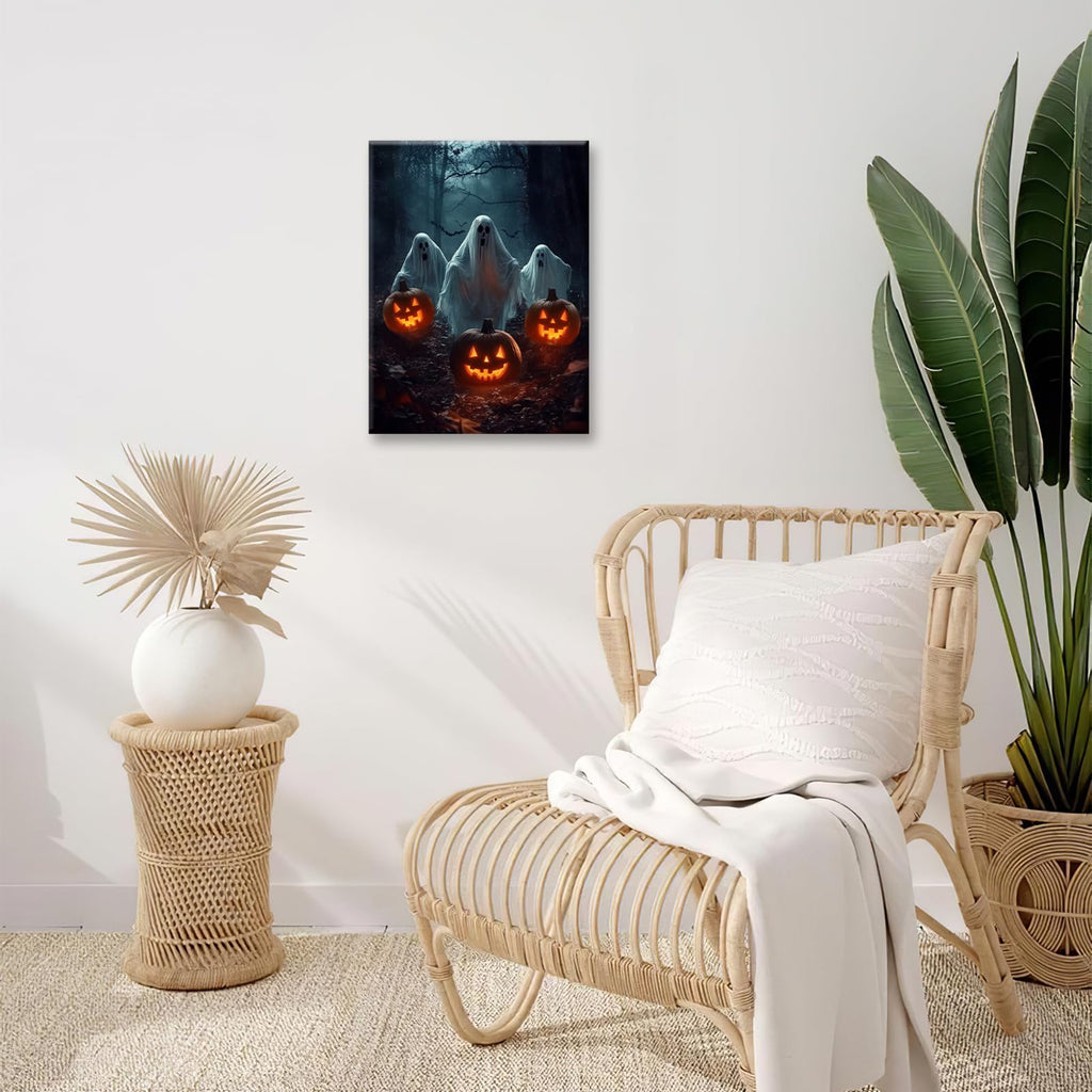 Gothic Halloween Ghost Pumpkin Wall Art Canvas Painting Framed 12x16 | Posters & Prints | Wiccan Center