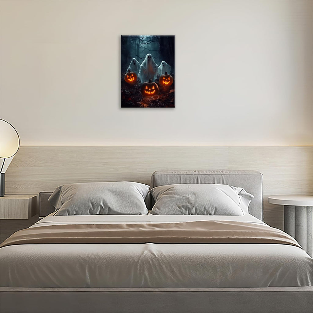 Gothic Halloween Ghost Pumpkin Wall Art Canvas Painting Framed 12x16 | Posters & Prints | Wiccan Center