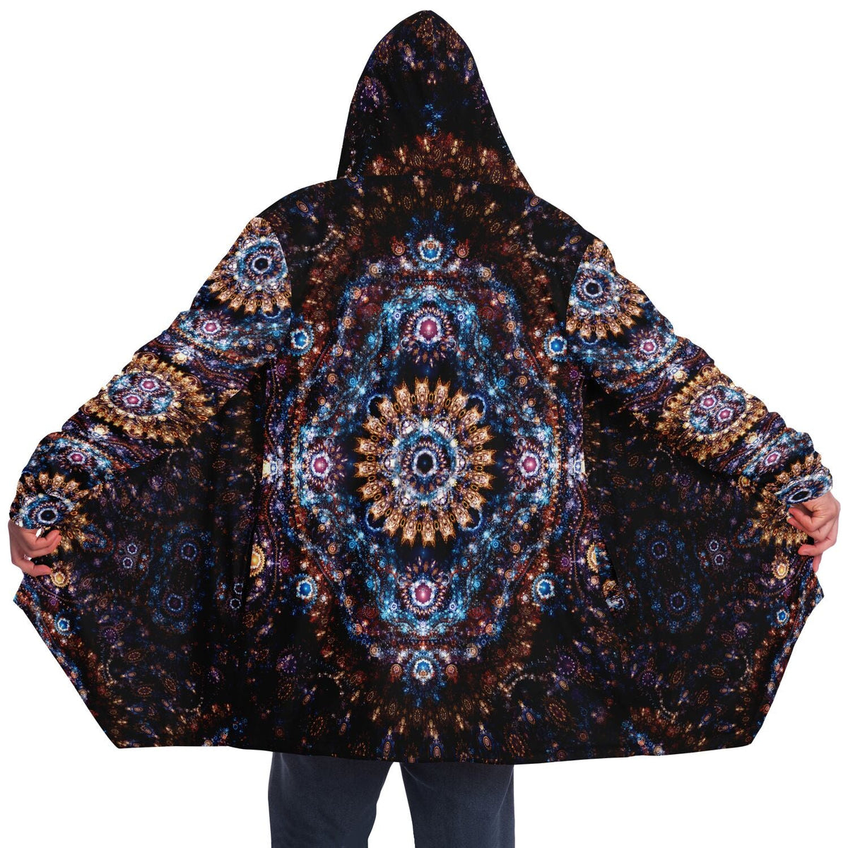 Cosmic Plane Cuddle Cloak | Unisex Minky Sherpa Lined Hooded Coat | Women and Mens Festival Coat | Mountain Fashion | Microfleece Cloak - AOP | Wiccan Center