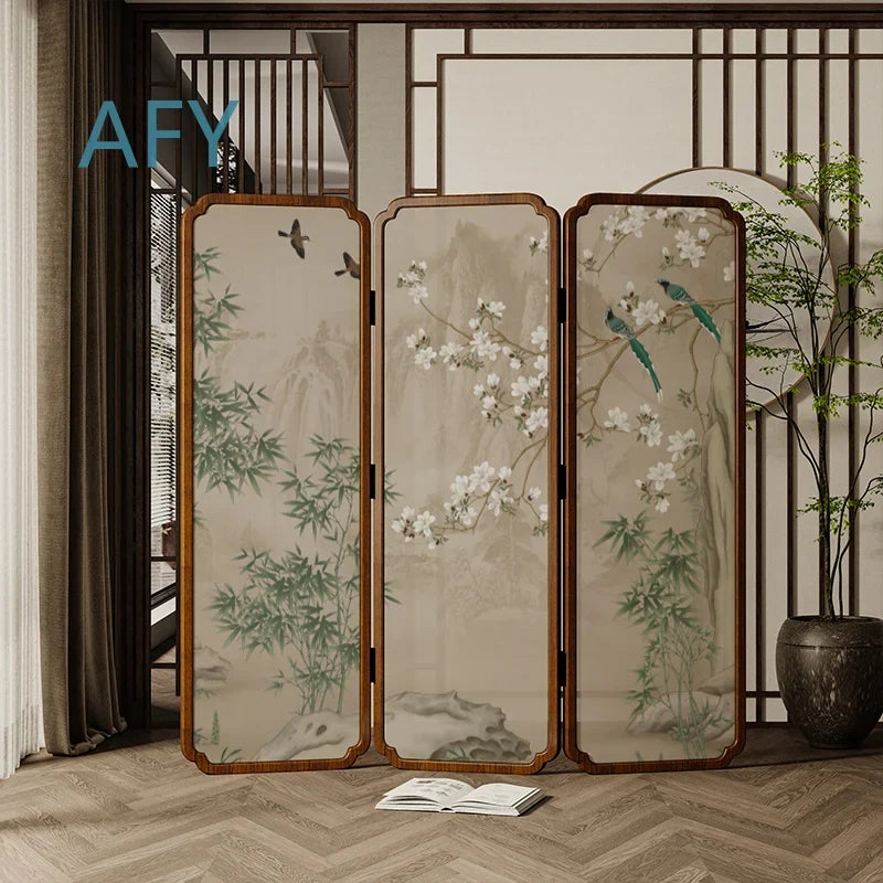 Zen Wood Folding Screen Partition | Floral & Bird Room Divider | Accents > Room Divider Screens | Wiccan Center