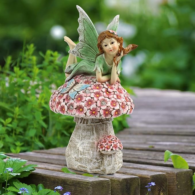 Garden Fairy Decor for Outside, Fairy Garden,Flower Fairy Outdoor Statue,Solar Powered Resin Ornaments,Patio Lawn Yard Porch, Garden Fairy Figurines for Home Garden Gifts,8.66inches Tall
