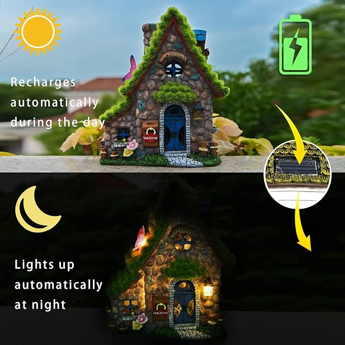 ASAWASA Resin Fairy House Statues with Solar Powered Lights, Funny Garden Sculptures with Flocked and Cobblestone Decor, Exquisite Garden Cottage Figurines | Figurine Lights | Wiccan Center