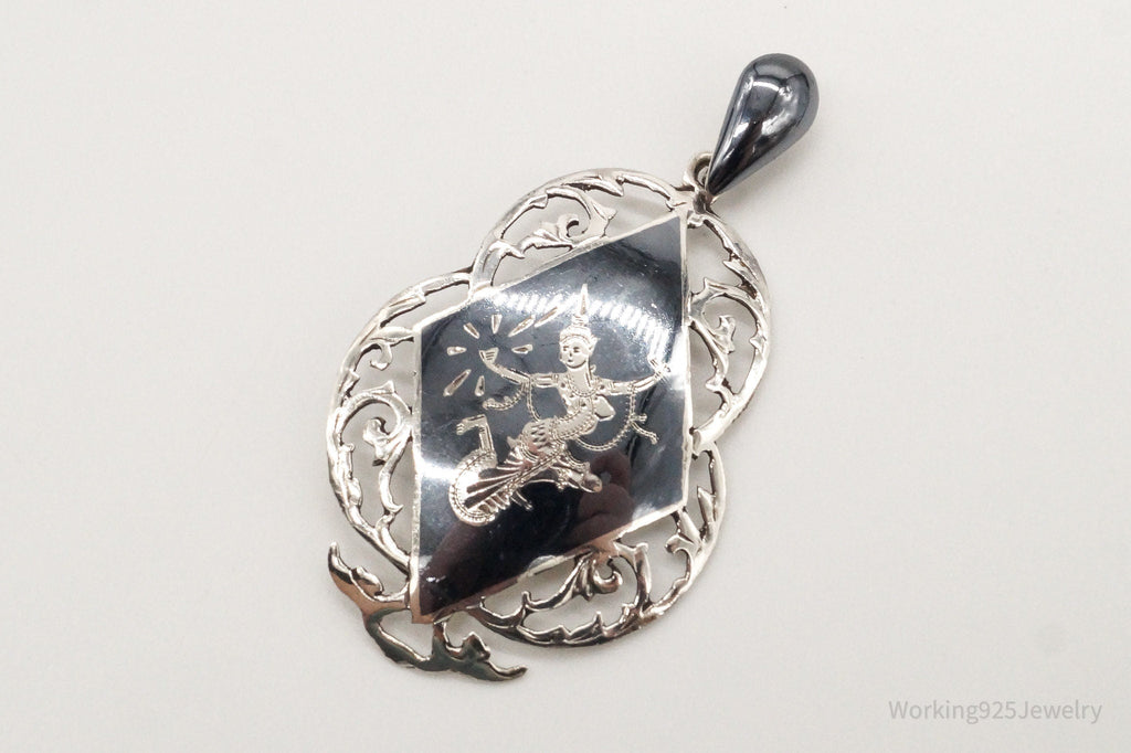 Large Vintage Siam Black Enamel Goddess Dancer Sterling Silver Pendant | Jewelry > Necklaces > Pendants | Wiccan Center
