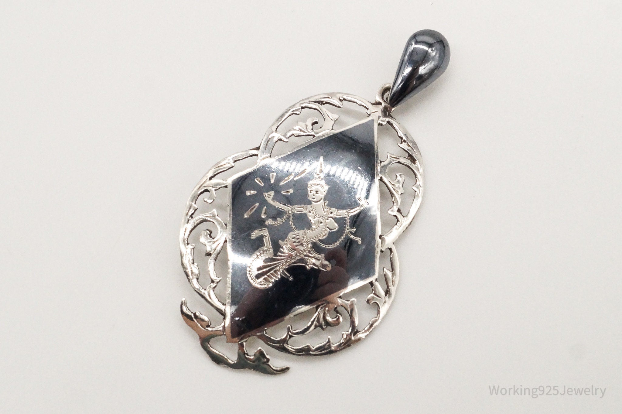 Large Vintage Siam Black Enamel Goddess Dancer Sterling Silver Pendant | Jewelry > Necklaces > Pendants | Wiccan Center
