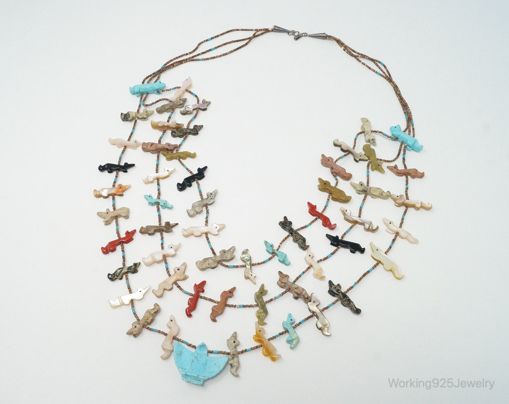 VTG Native America Fox Fetish Carved Multi Gem Sterling Silver Necklace | Jewelry > Necklaces > Pendants | Wiccan Center