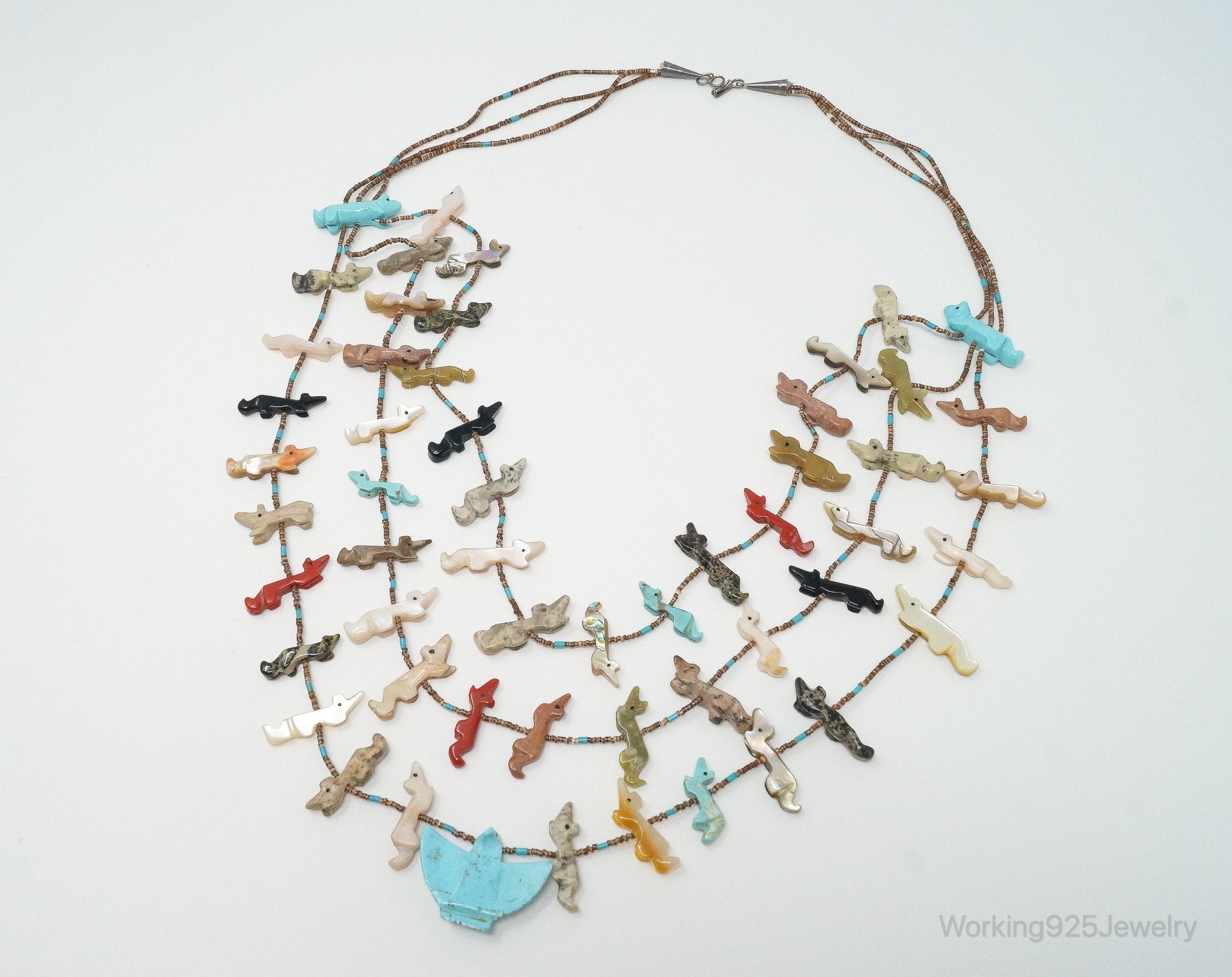 VTG Native America Fox Fetish Carved Multi Gem Sterling Silver Necklace | Jewelry > Necklaces > Pendants | Wiccan Center