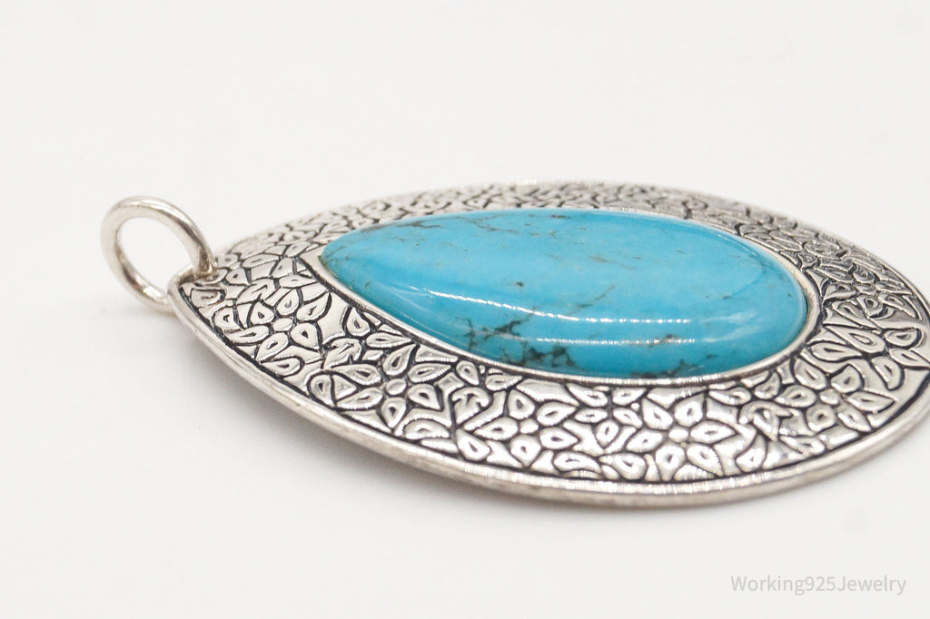 Vintage Large Turquoise Floral Etched Sterling Silver Necklace Pendant | Jewelry > Necklaces > Pendants | Wiccan Center