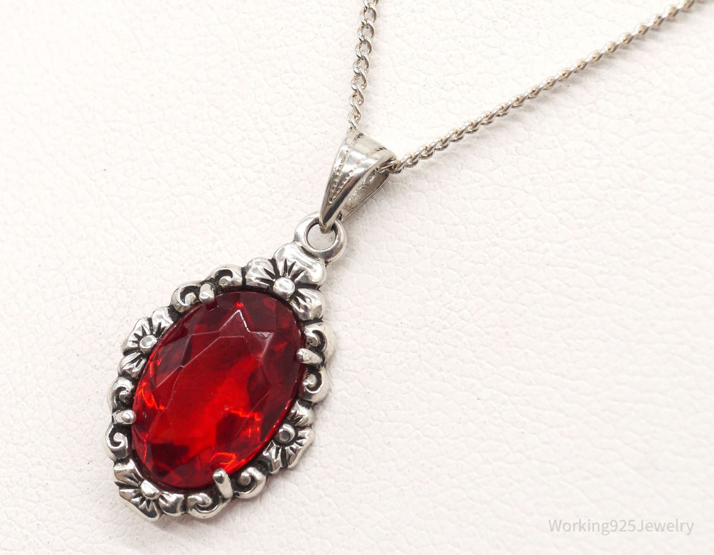 Antique Ruby Color Glass Floral Design 835 Silver Necklace | Jewelry > Necklaces > Pendants | Wiccan Center