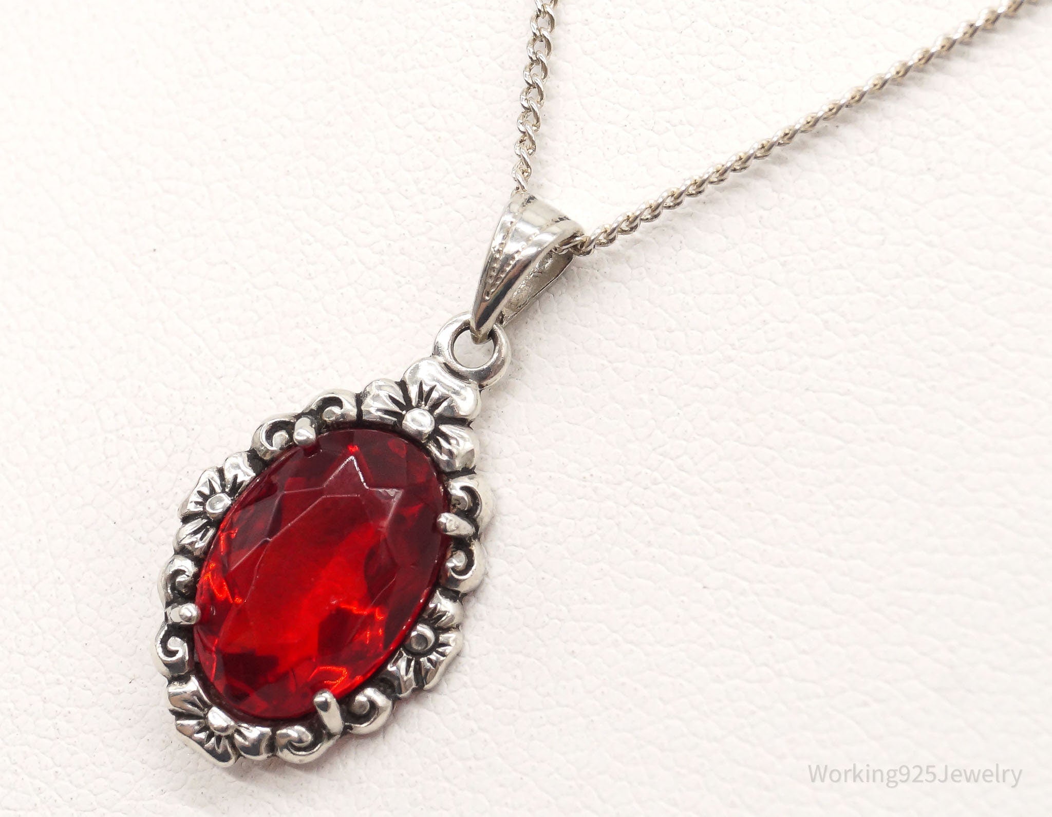 Antique Ruby Color Glass Floral Design 835 Silver Necklace | Jewelry > Necklaces > Pendants | Wiccan Center